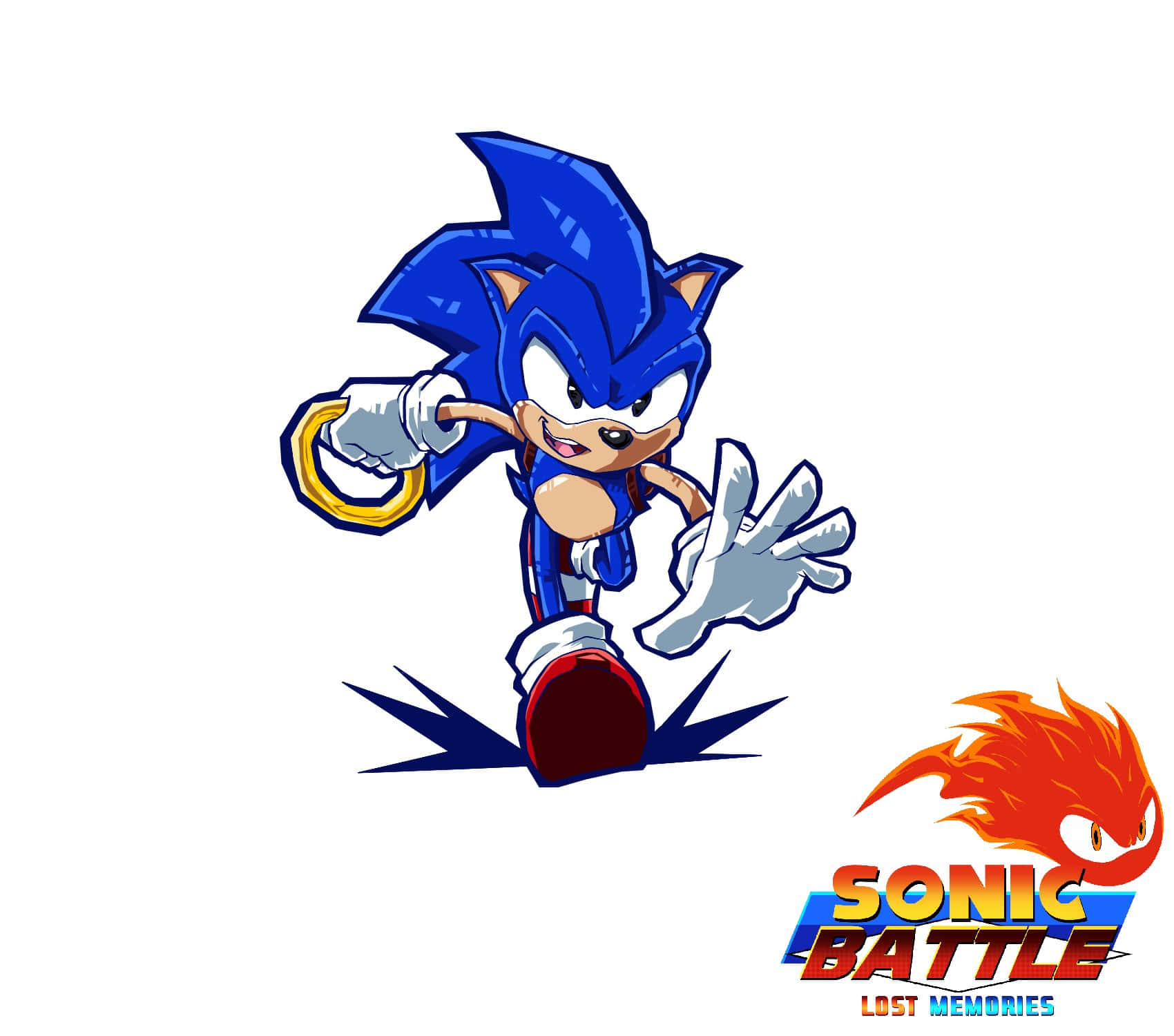  壁紙 — Sonic the Hedgehog 動態奔跑，手持金色戒指，旁邊有火焰般的Tails標誌。