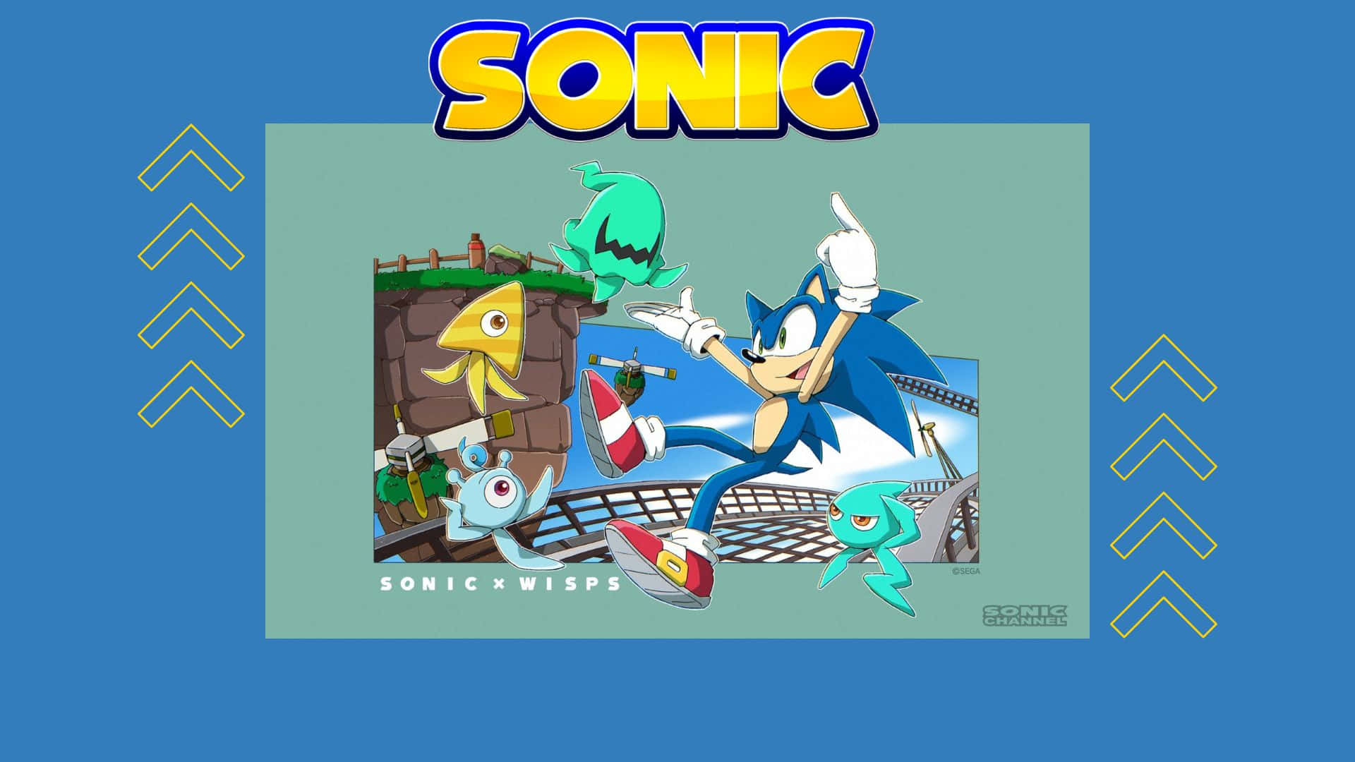 Sonic Planet Wisp 桌布 壁紙 — Sonic the Hedgehog 動態地跑過異想天開的卡通生物，在充滿活力的藍色主題遊戲場景中。