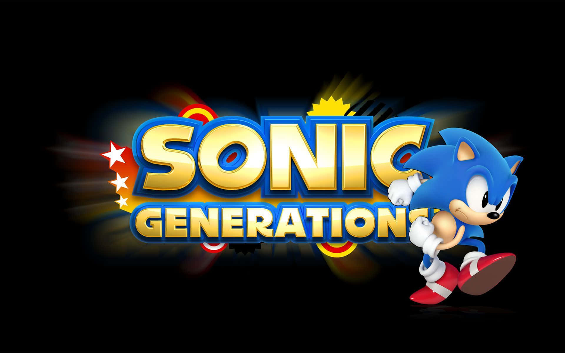 Sonic City Escape 桌布 壁紙 — Sonic the Hedgehog 喺黑暗背景前，喺發光嘅「Sonic Generation」標誌旁邊充滿活力咁奔跑，帶有星爆效果。