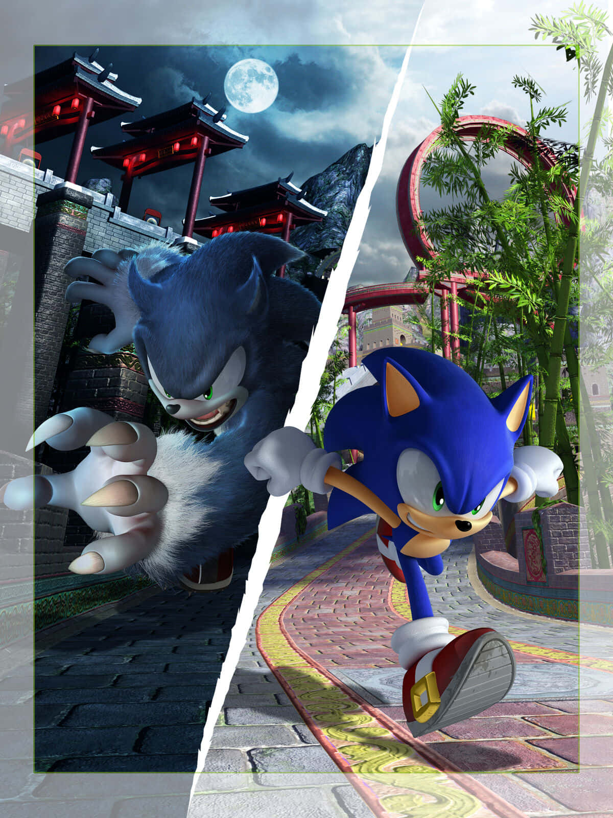 Sonic Art 桌布 壁紙 — Sonic the Hedgehog 精力充沛地跑過一條竹林小徑，而他黑暗的分身則衝過一座月光照耀的亞洲風格堡壘。