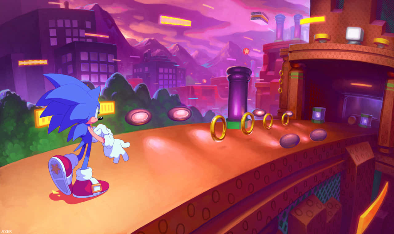  壁紙 — Sonic the Hedgehog 喺紫色黃昏天空下，穿過一個有發光光環同浮動平台嘅霓虹燈未來城市景觀。