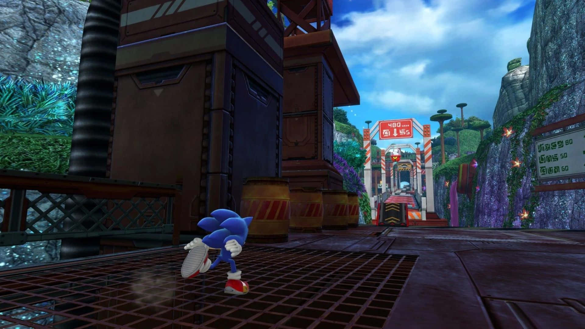 Sonic Planet Wisp 桌布 壁紙 — Sonic the Hedgehog 喺明亮藍天下，穿過充滿霓虹燈牌同岩石懸崖嘅充滿活力未來城市景觀。