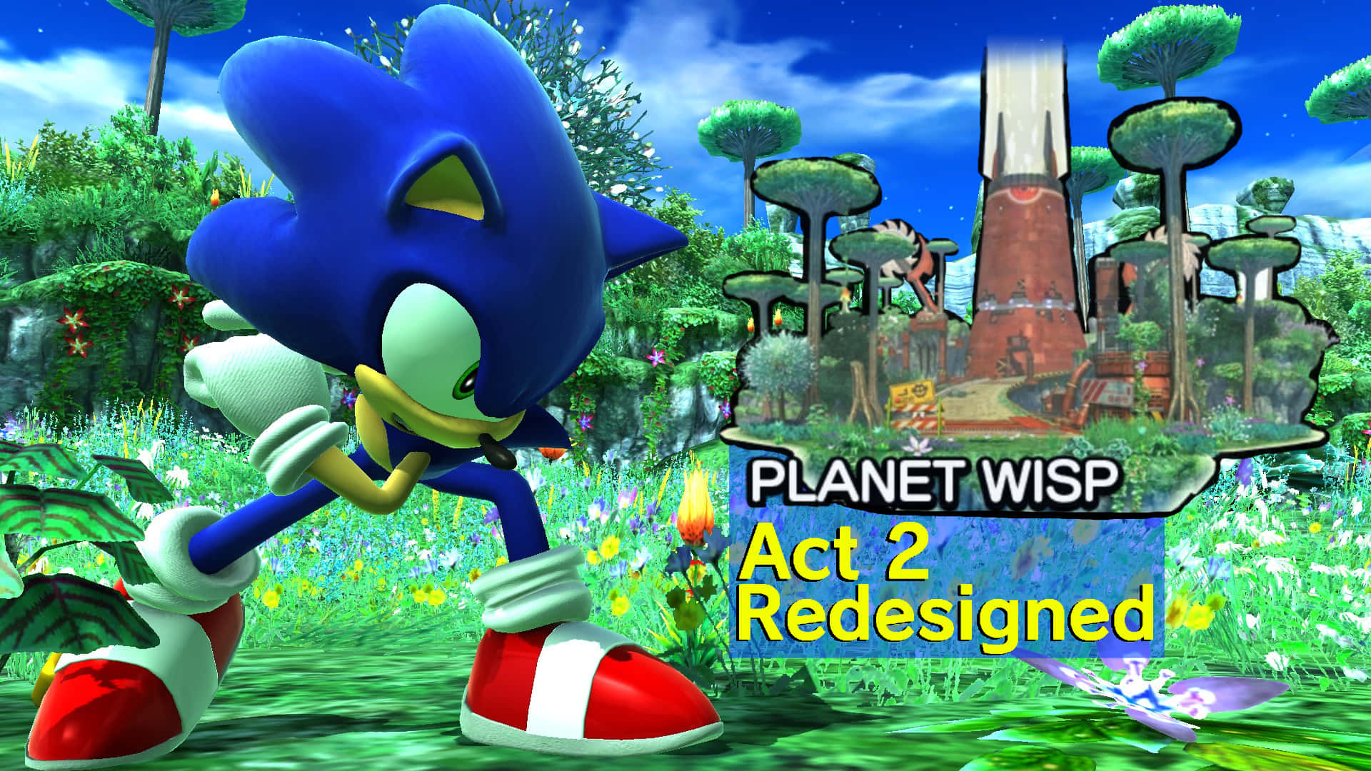Sonic Planet Wisp 桌布 壁紙 — Sonic the Hedgehog 喺行星Wisp嘅翠綠田野上奔跑，背景有紅色磚塔同漂浮嘅樹木。