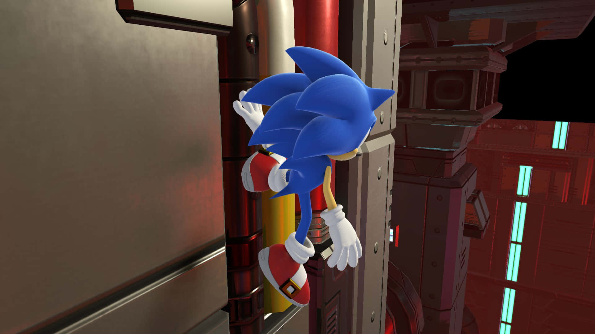 Modern Sonic 桌布 壁紙 — Sonic the Hedgehog 喺未來感嘅紅色同銀色工業場景中爬緊一條金屬管。