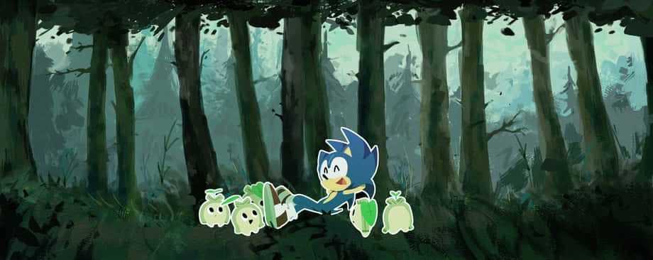  壁紙 — Sonic the Hedgehog 坐在迷霧森林中，被發光的綠色生物包圍，表情平靜。