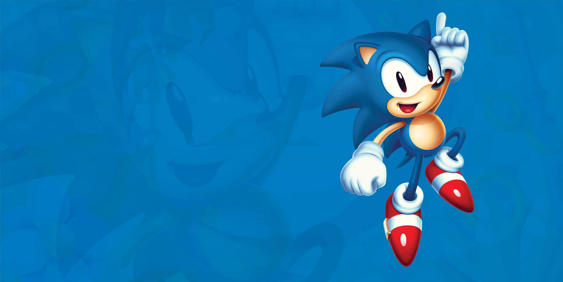 Sonic Cd 桌布 壁紙 — Sonic the Hedgehog 喺藍色漸變背景前喺空中微笑同揮手，佢嘅剪影隱約喺佢後面。