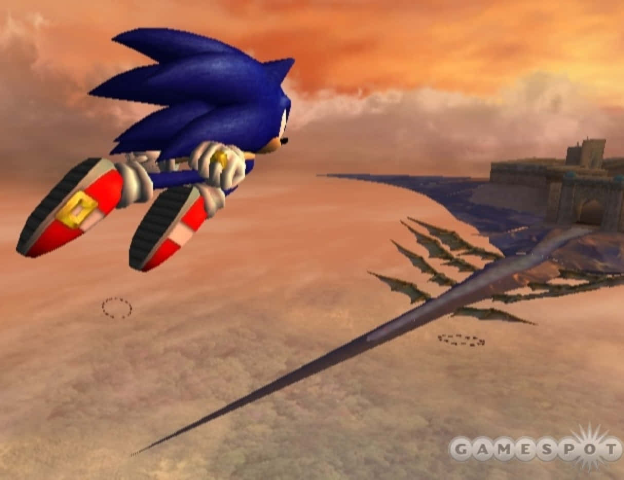 Sonic And The Secret Rings 桌布 壁紙 — Sonic the Hedgehog 喺日落時分飛過沙漠上空，越過遠處嘅城堡同龍形生物。