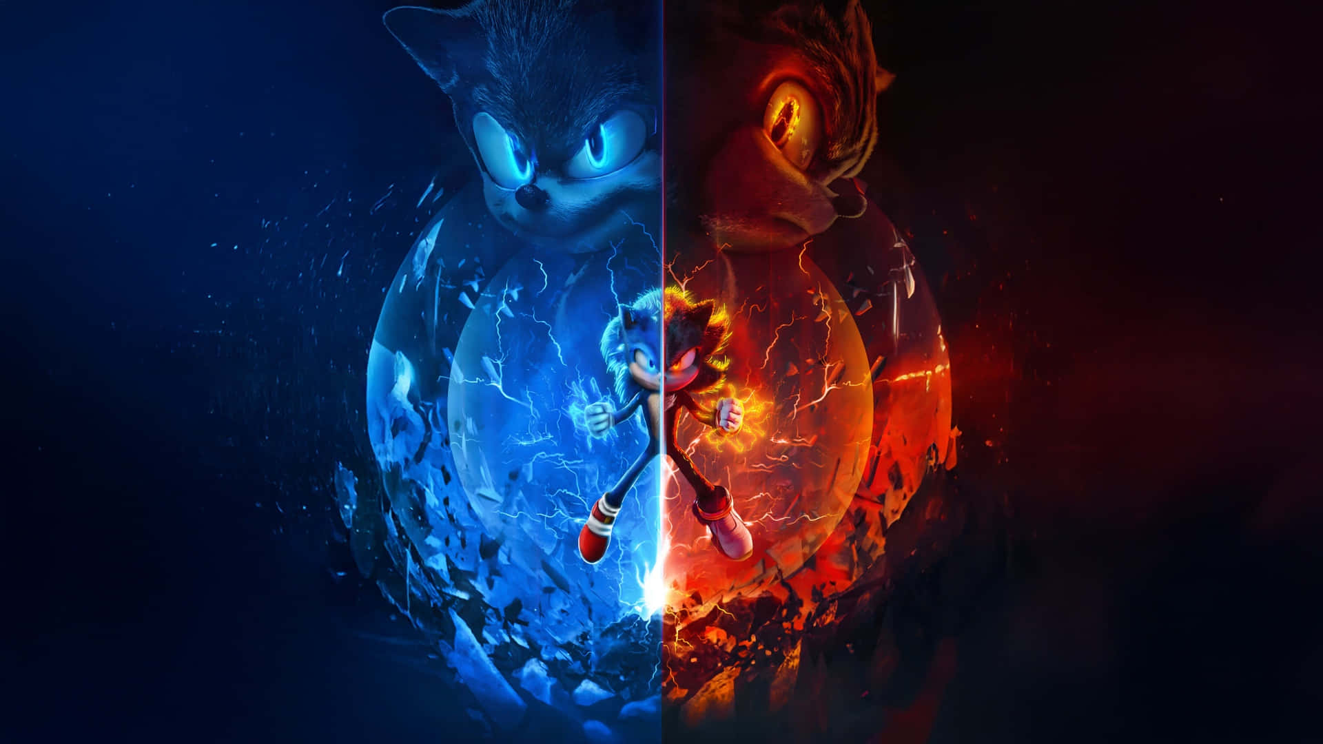 壁紙 — Sonic the Hedgehog 從中間分裂，左側是藍色電光，右側是紅色火焰，背景是黑暗的宇宙。