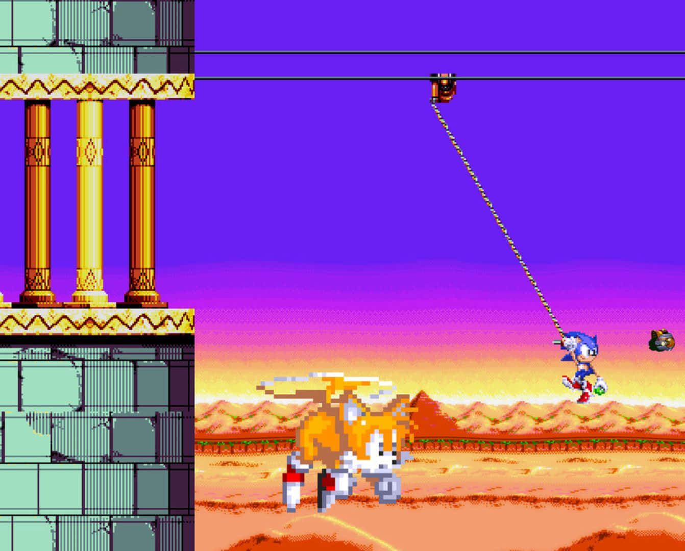  壁紙 — Sonic the Hedgehog 喺一個有紫色日落天空同古代柱嘅沙漠關卡中，用繩索向Tails擺盪。