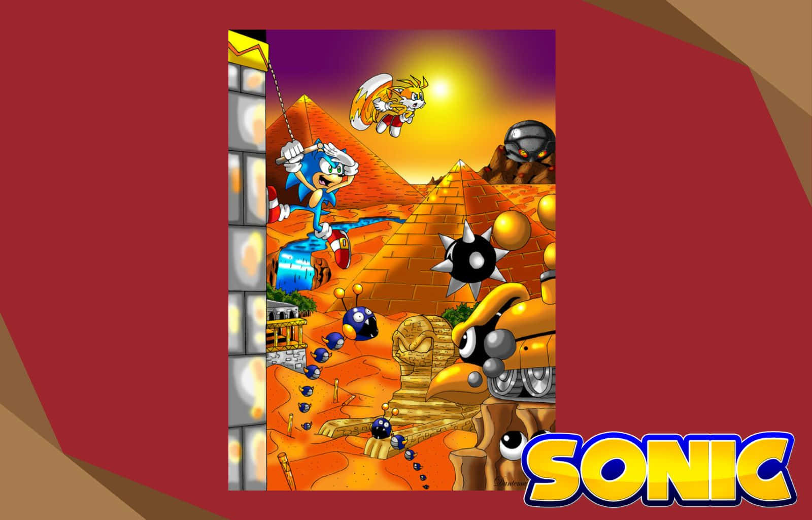 Sonic Sandopolis Zone 桌布 壁紙 — Sonic the Hedgehog 喺沙漠金字塔關卡中擺盪，Tails 喺上面飛，機械敵人喺下面。
