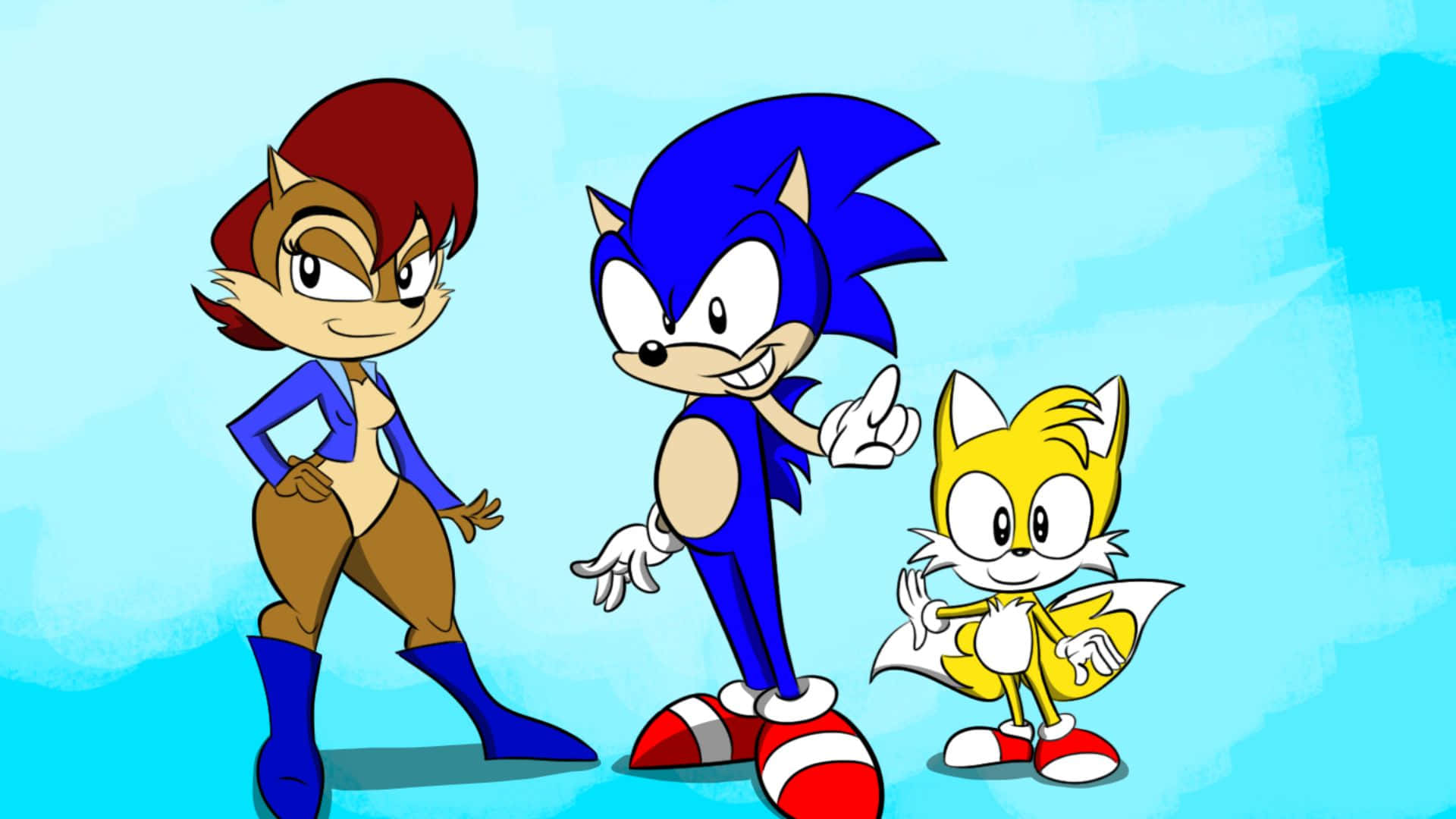 Sonic And Sally 桌布 壁紙 — Sonic the Hedgehog Tails 和 Amy Rose 在明亮的藍色背景上以自信的姿勢站在一起。
