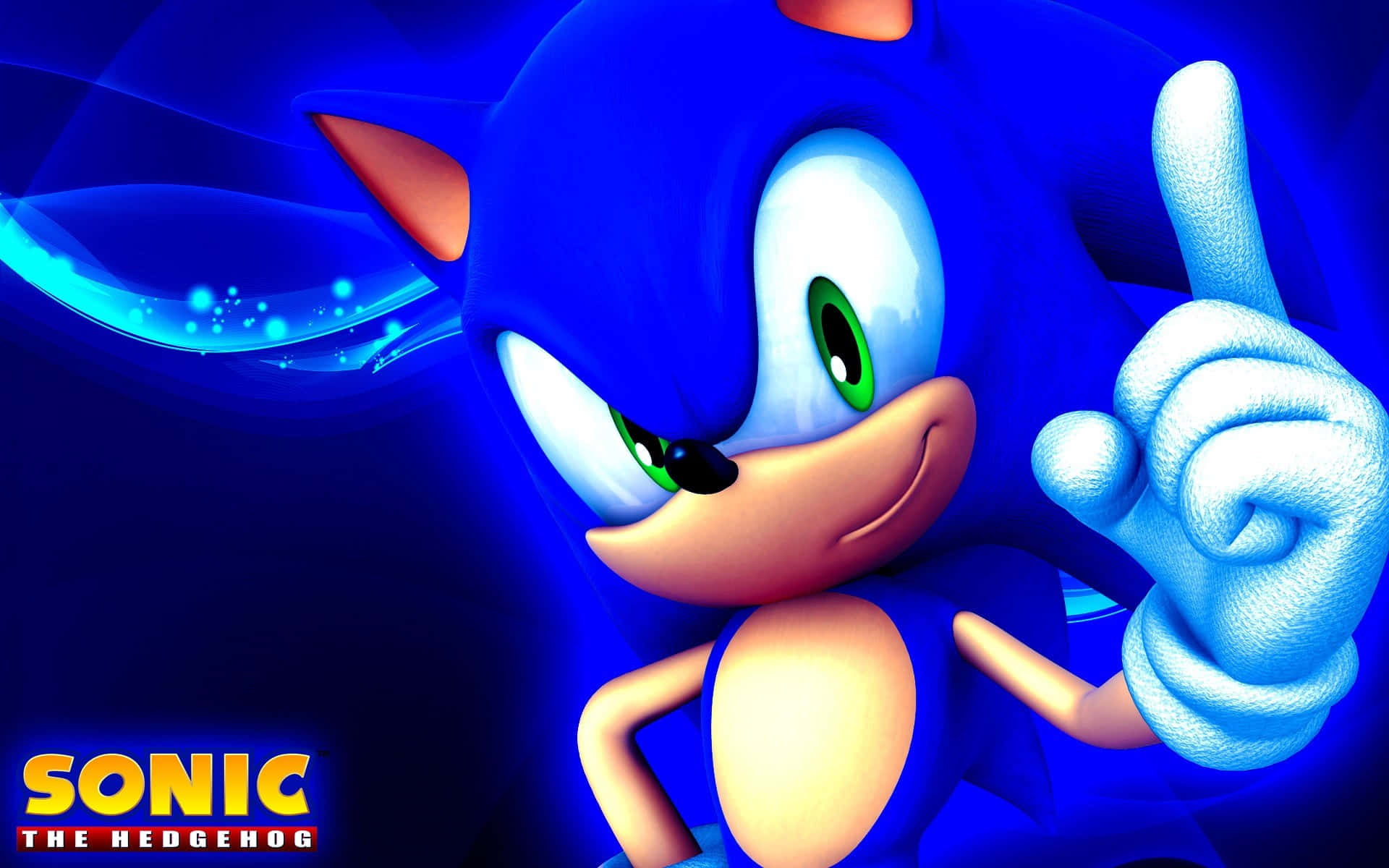 Sonic Fan Art 桌布 壁紙 — 鮮藍色的超音鼠自信地擺出姿勢，一隻手指舉起，背景是發光的抽象圖案。