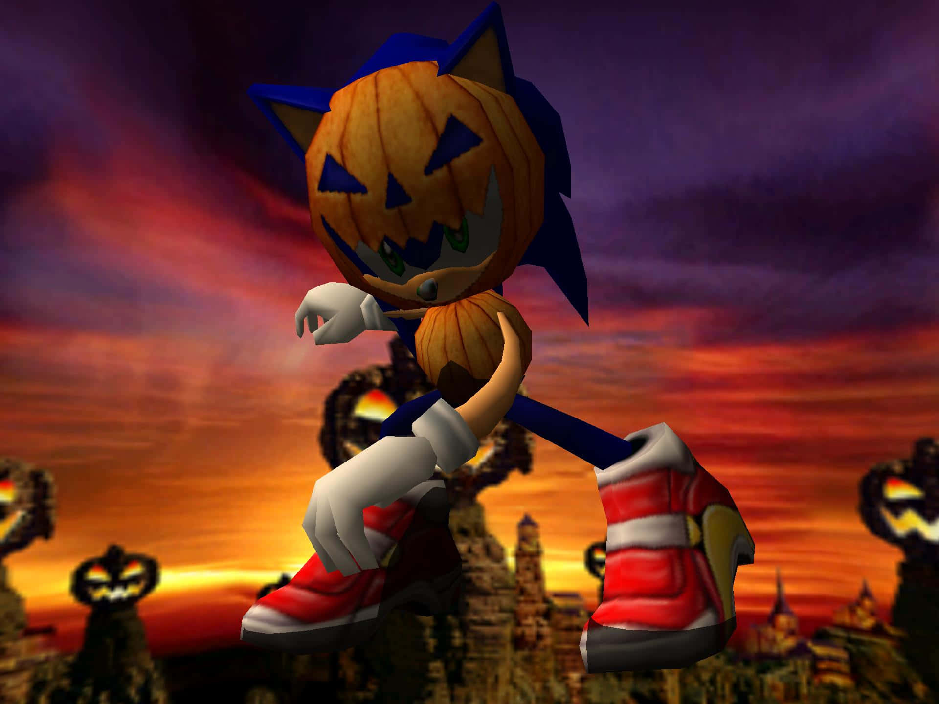 壁紙 — Sonic the Hedgehog 帶著傑克南瓜燈頭在日落時分穿過一個詭異的萬聖節主題景觀。