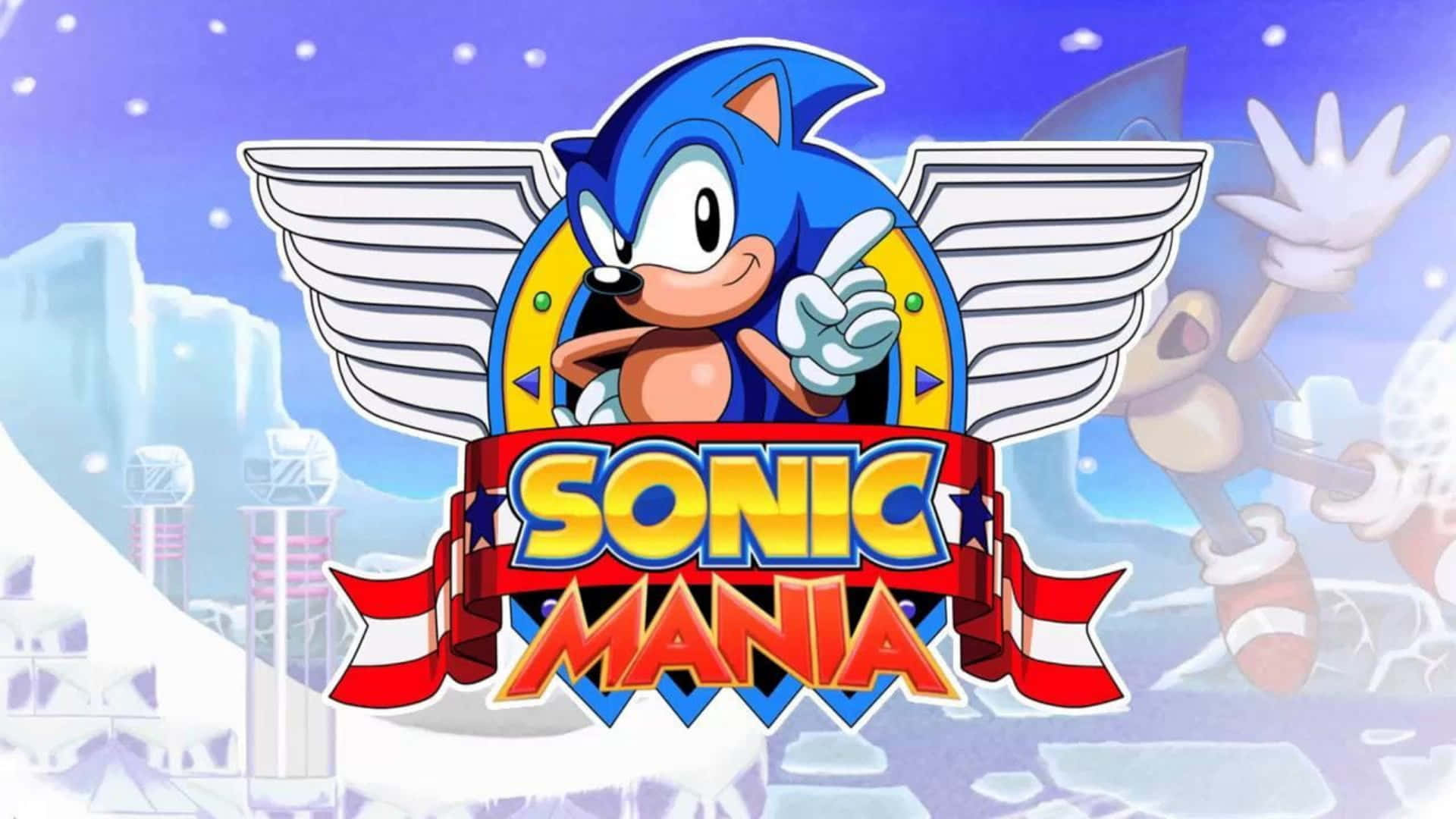 Sonic Ice Cap Zone 桌布 壁紙 — Sonic the Hedgehog 有翅膀自信地指向紫色天空下雪景城市景觀的前方。