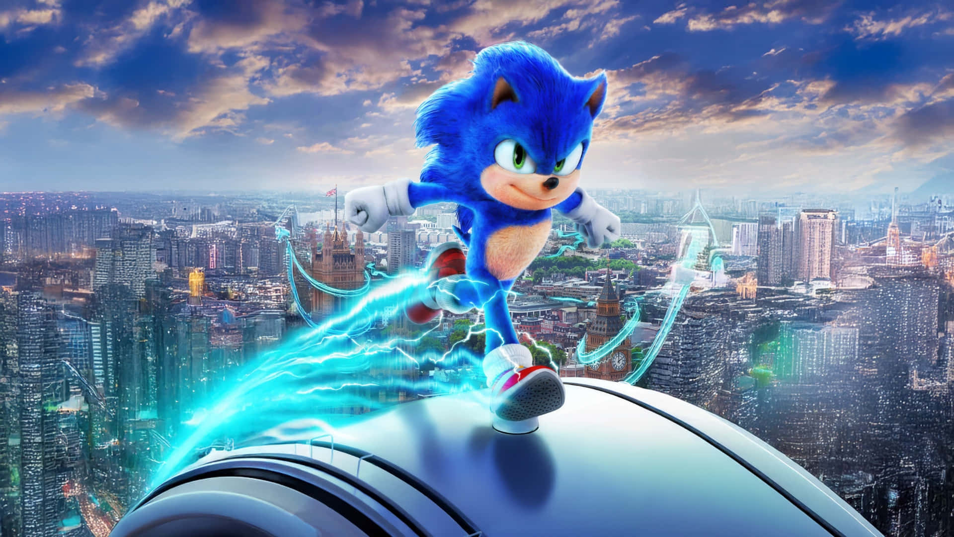  壁紙 — Sonic the Hedgehog 以超高速穿越未來城市景觀，身後留下發光的藍色軌跡。