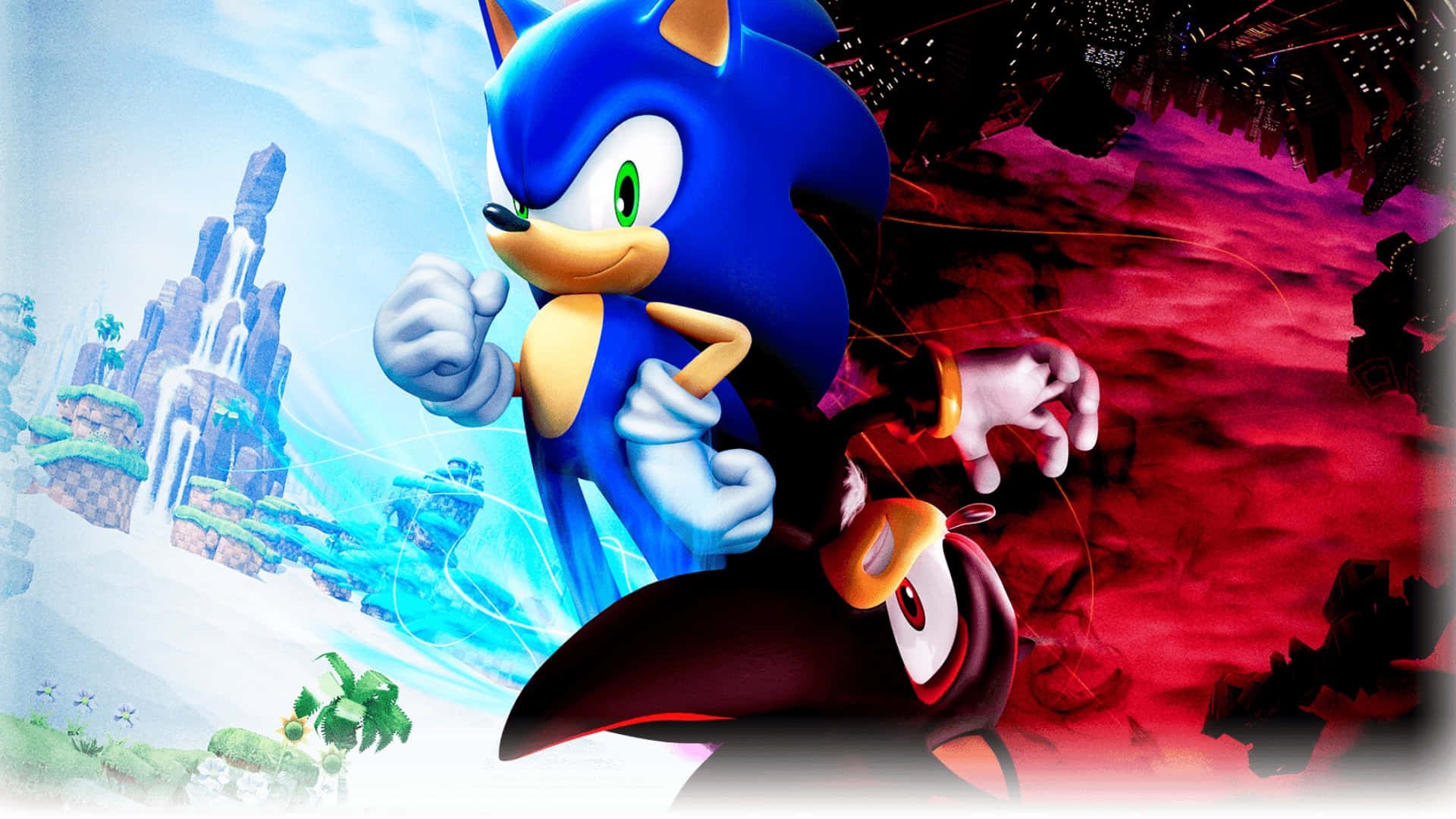  壁紙 — Sonic the Hedgehog 以動感姿勢向前衝刺，背景一分為二，一邊是冰藍色風景，另一邊是火紅混亂。
