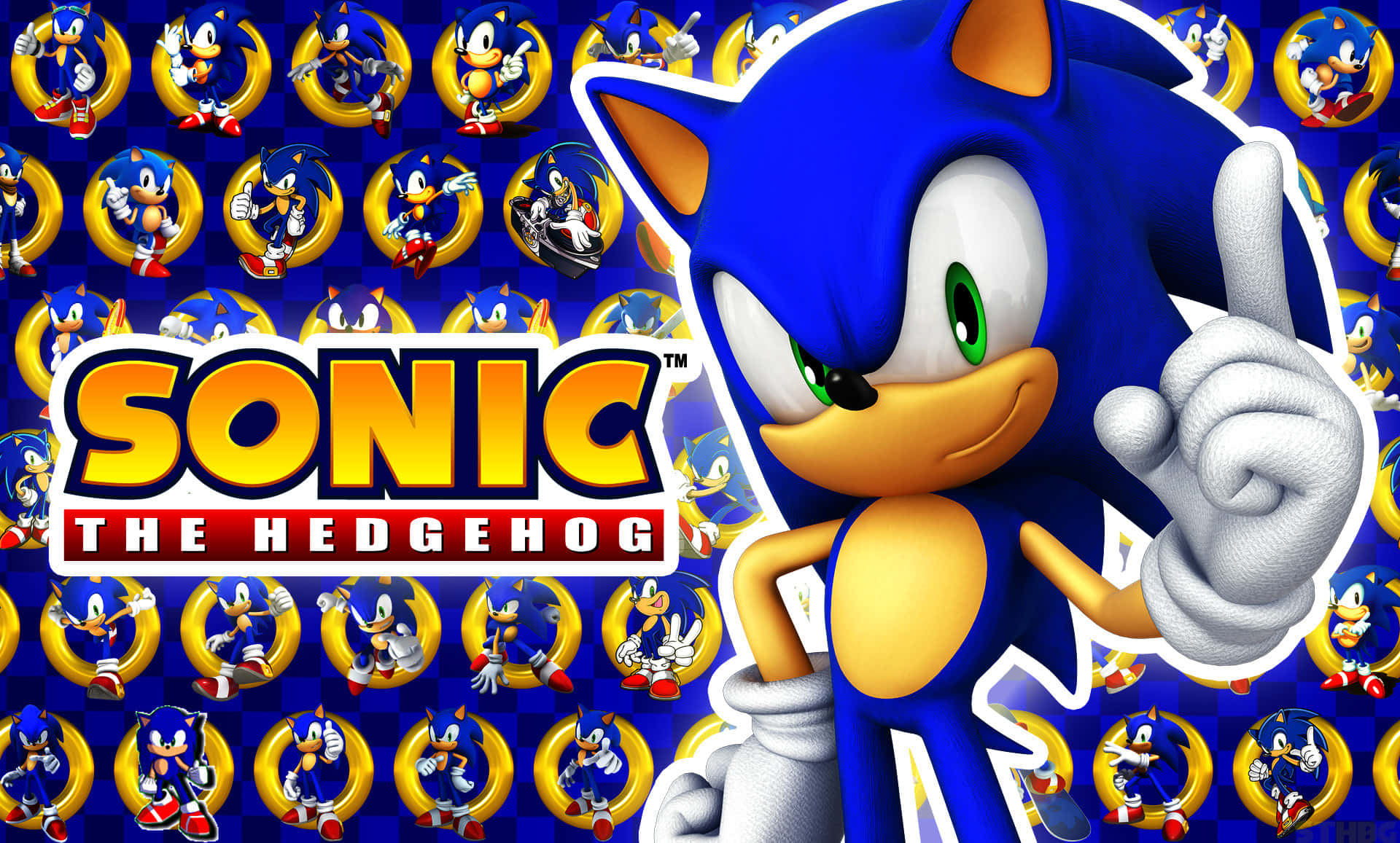 Sonic the Hedgehog 自信地指著，帶著愉快的神情。