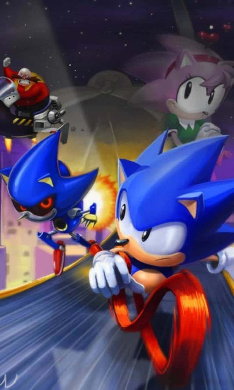Sonic Cd 桌布 壁紙 — Sonic the Hedgehog 與盟友和敵人在繁星點點的夜空中高速奔馳，呈現出動感十足的動作場景。