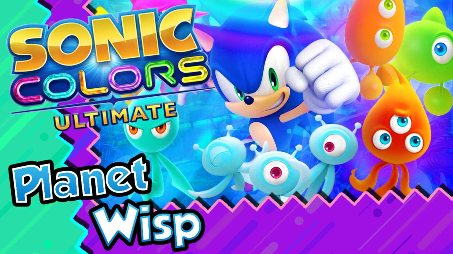 Sonic Planet Wisp 桌布 壁紙 — Sonic the Hedgehog 在充滿活力的 3D 渲染遊戲藝術中，搭配色彩繽紛的外星生物和霓虹文字，背景迷幻。