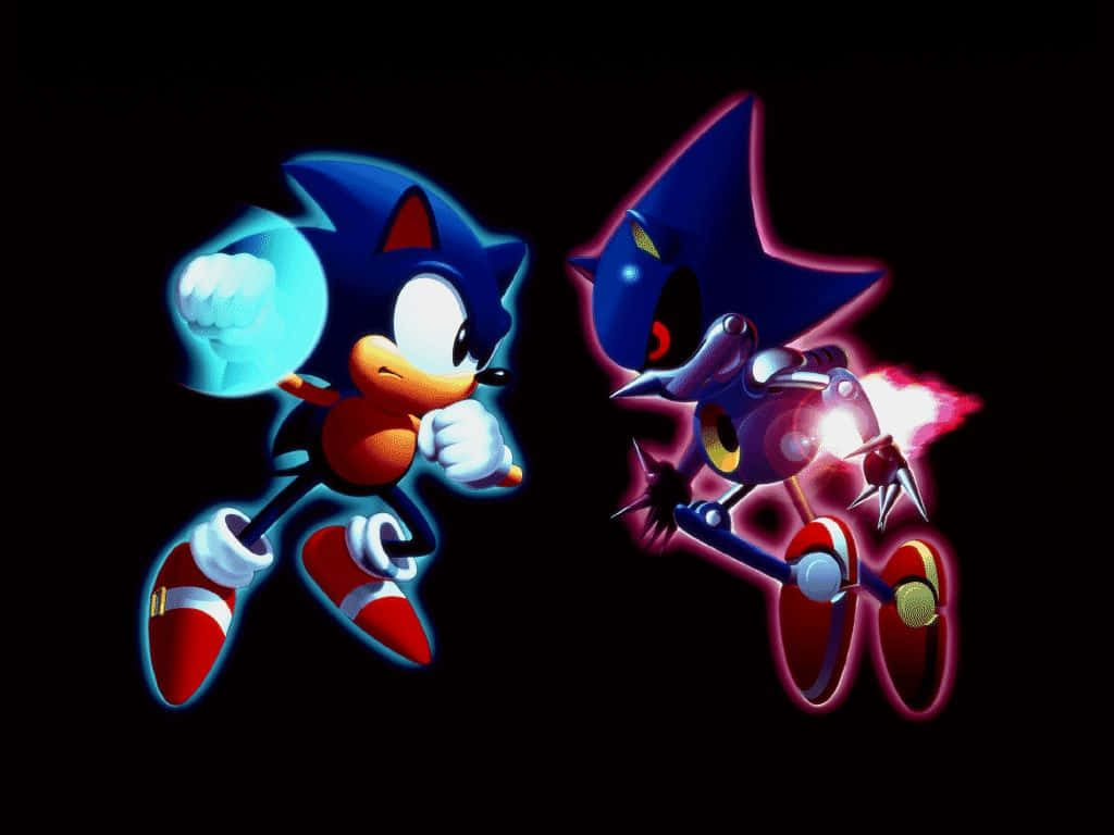 Sonic Cd 桌布 壁紙 — Sonic the Hedgehog 在黑色背景上與他的黑暗對手進行一場發光的戰鬥。