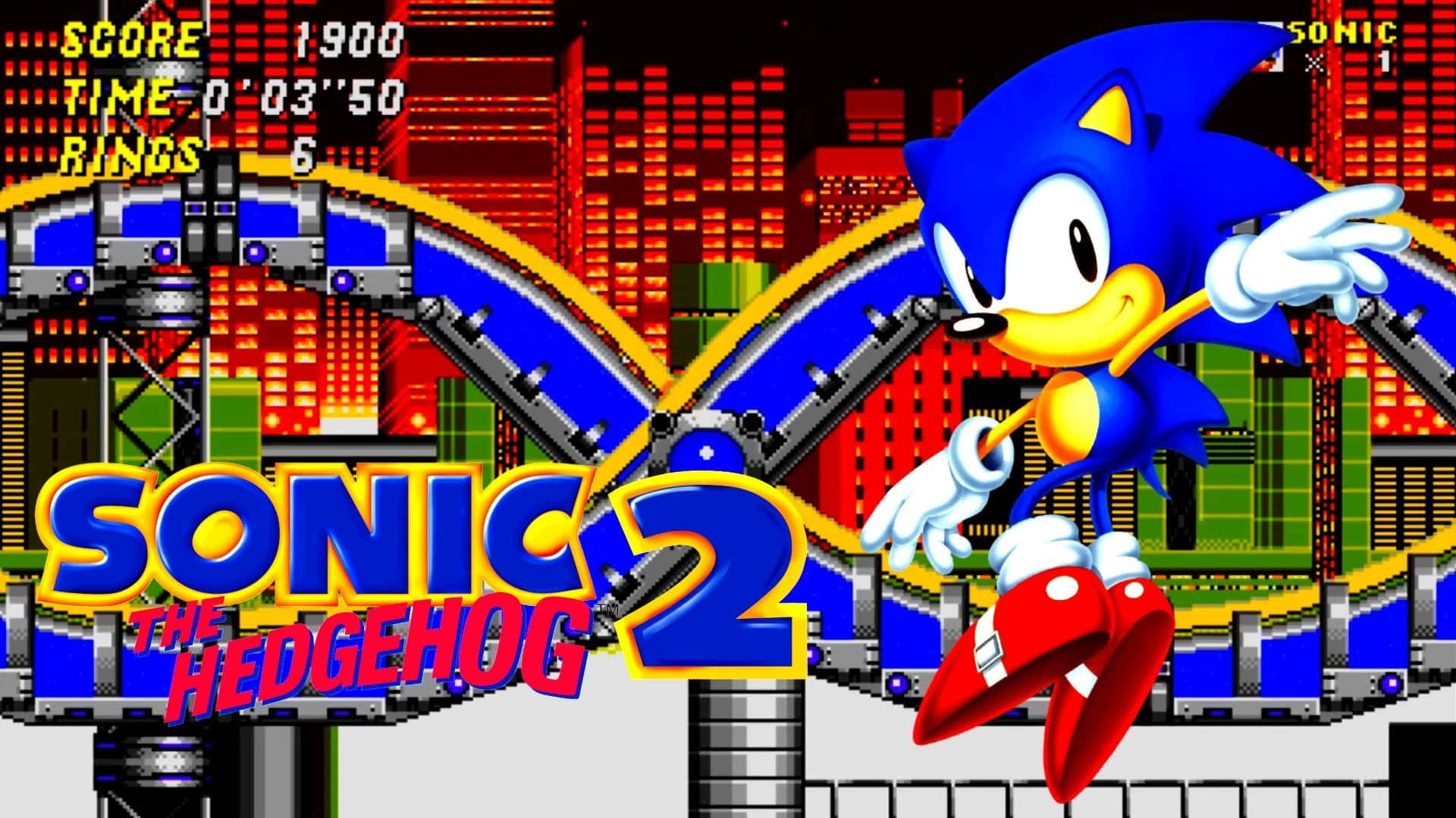 Sonic Chemical Plant 桌布 壁紙 — Sonic the Hedgehog 在經典 16 位元電玩遊戲標題畫面中，穿過充滿活力的像素化城市景觀。