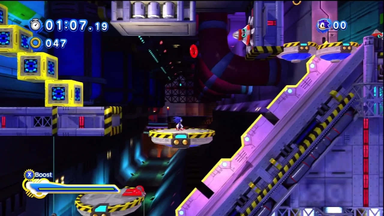  壁紙 — Sonic the Hedgehog 在霓虹燈照亮的工業區中疾馳，周圍有發光平台和機械危險。