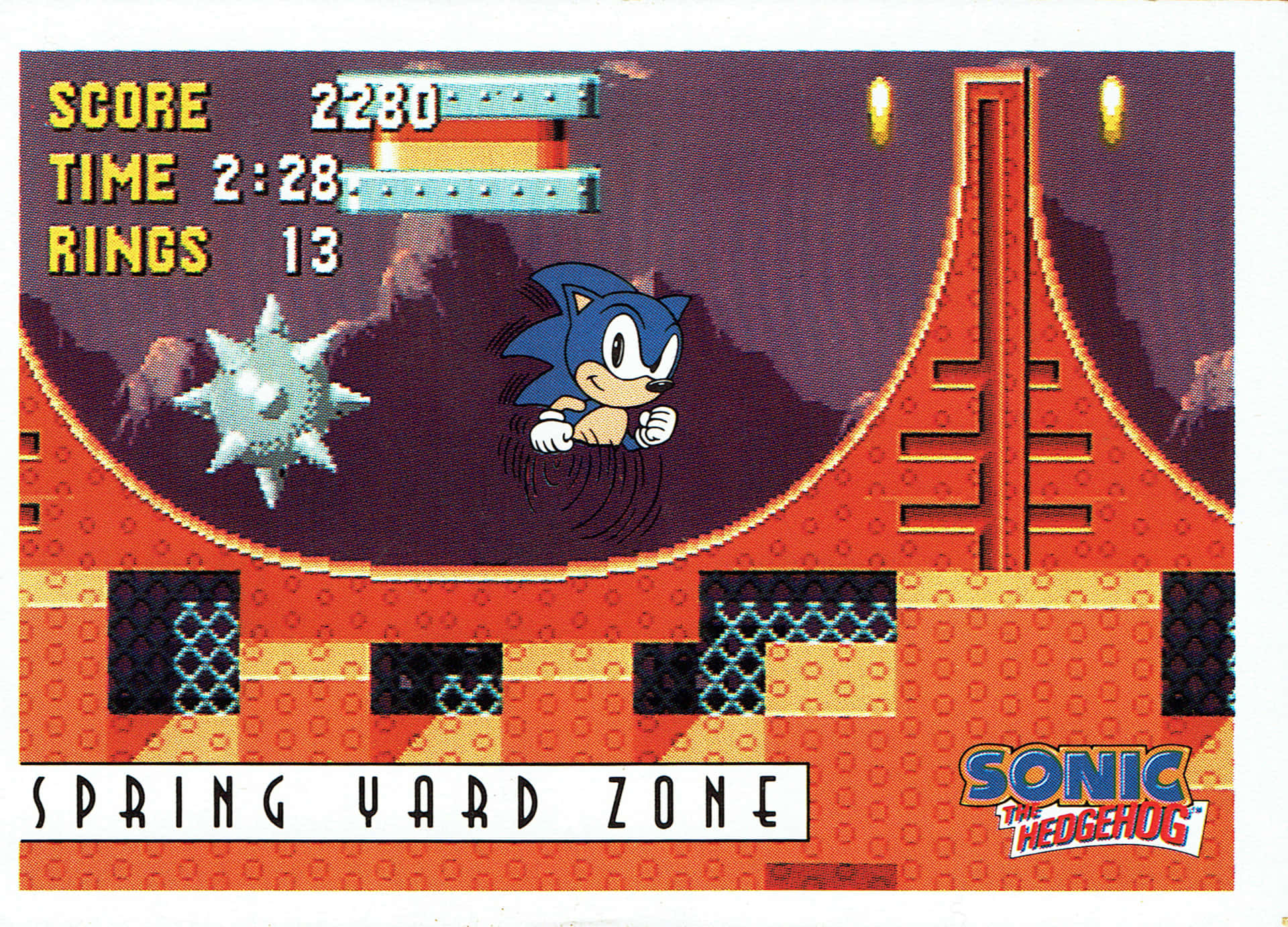  壁紙 — Sonic the Hedgehog 在 Spring Yard Zone 中奔馳，經典 16 位元像素藝術，顯示分數、時間和戒指。