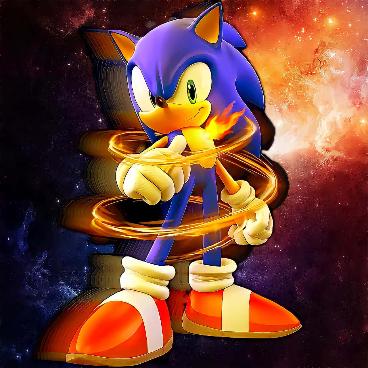 Sonic And The Secret Rings 桌布 壁紙 — Sonic the Hedgehog 在太空中充滿動感地站立，熾熱的光環在他周圍旋轉，背景是宇宙星雲。
