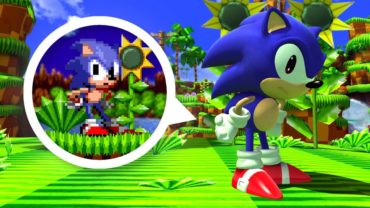  壁紙 — Sonic the Hedgehog 站在充滿活力的3D叢林中，而對話氣泡顯示了他像素化的過去自我。
