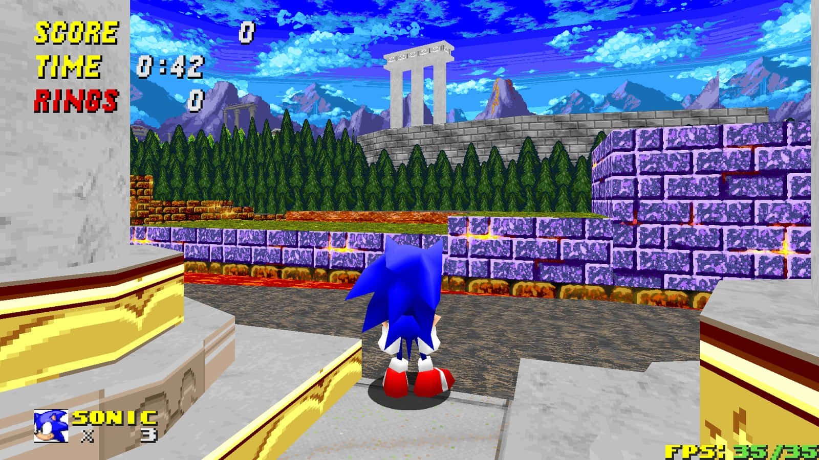 Sonic Marble Zone 桌布 壁紙 — Sonic the Hedgehog 站在一個充滿活力的16位元遊戲關卡中，背景有紫色磚牆、綠色樹籬和遠處的山脈，上方是明亮的藍天。