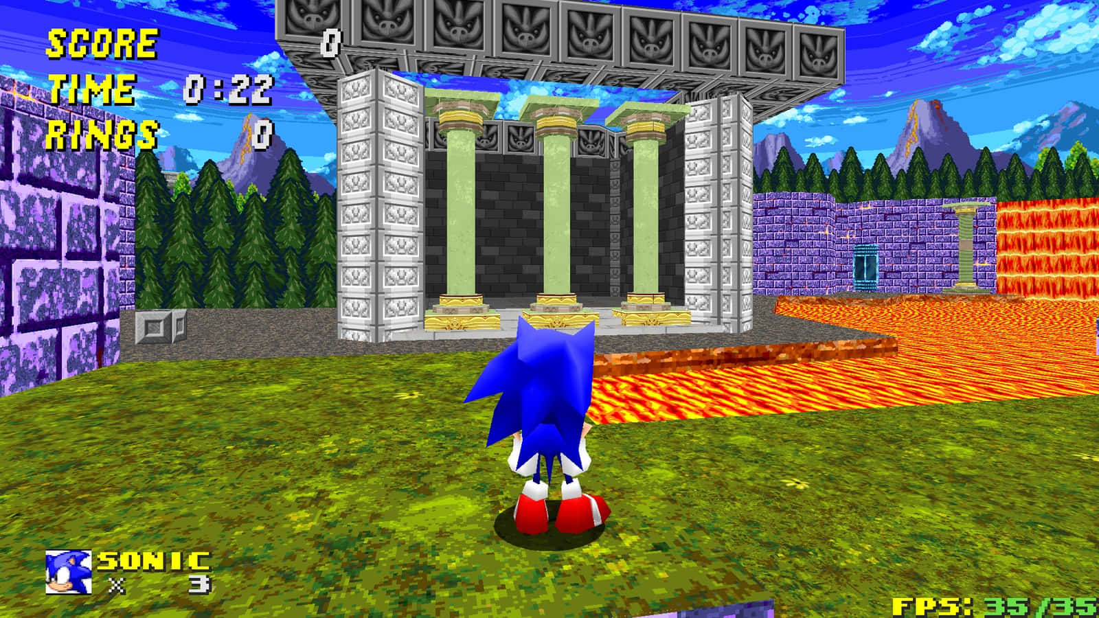 Sonic Marble Zone 桌布 壁紙 — Sonic the Hedgehog 站在一個宏偉的石廟前，廟宇有綠色柱子和熔岩流，呈現出充滿活力的 3D 遊戲場景。