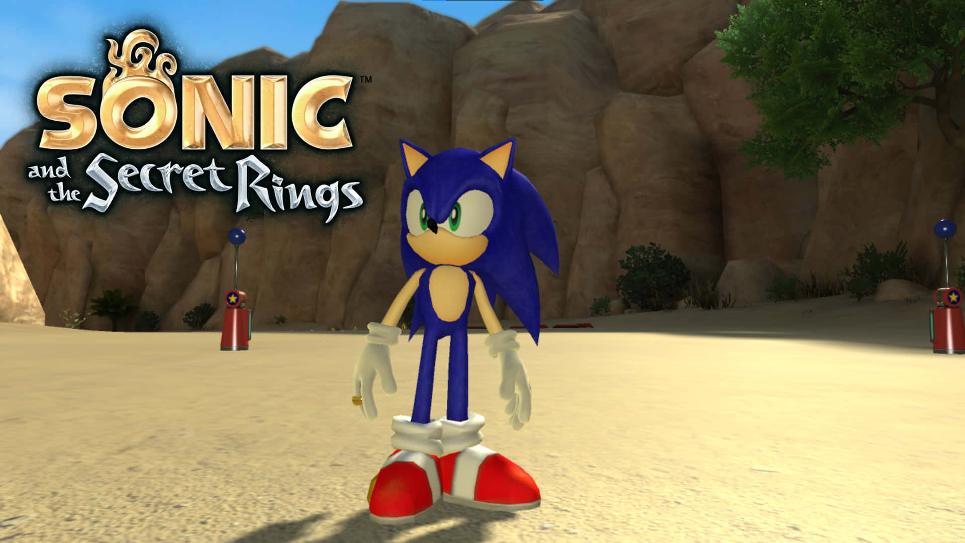 Sonic And The Secret Rings 桌布 壁紙 — Sonic the Hedgehog 站在一個有岩石峭壁的沙漠峽谷中，遊戲標題標誌在他上方。