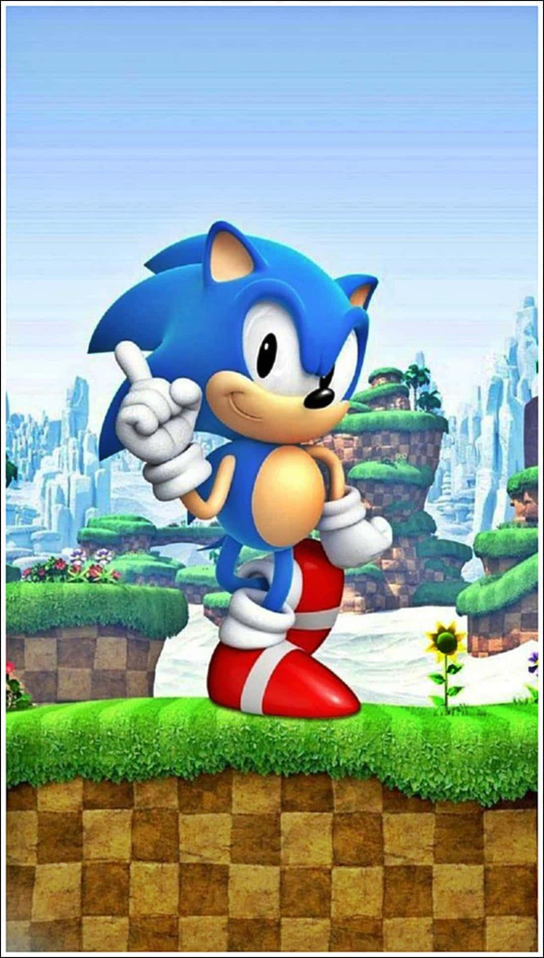 Classic Sonic 桌布 壁紙 — Sonic the Hedgehog 自信地站在草地上，指向明亮的藍天，天空中有浮島和一朵向日葵。