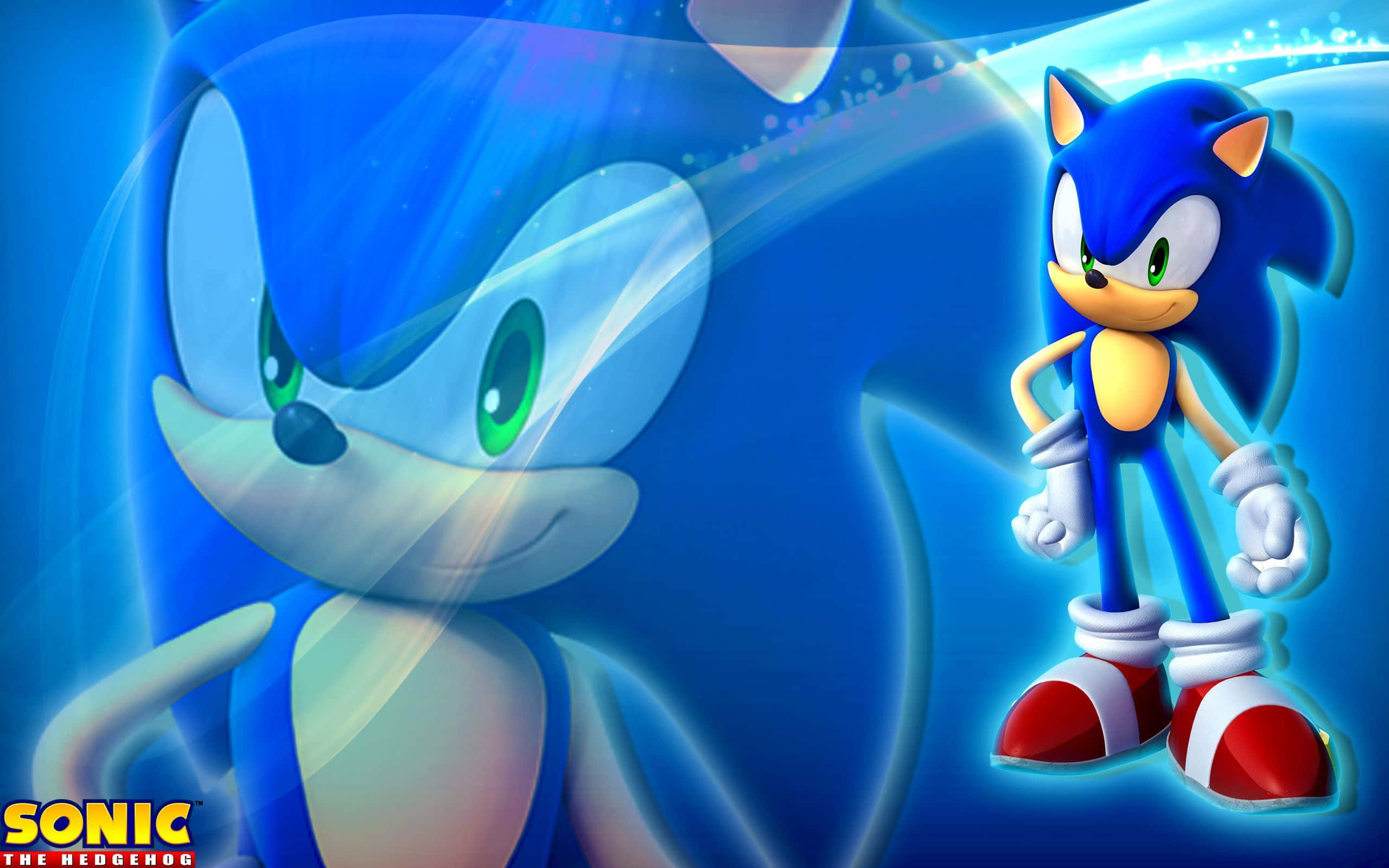 Sonic The Hedgehog Characters 桌布 壁紙 — Sonic the Hedgehog 自信地站在動態藍色背景前，帶有發光的燈光條紋和半透明的幽靈般的自己。