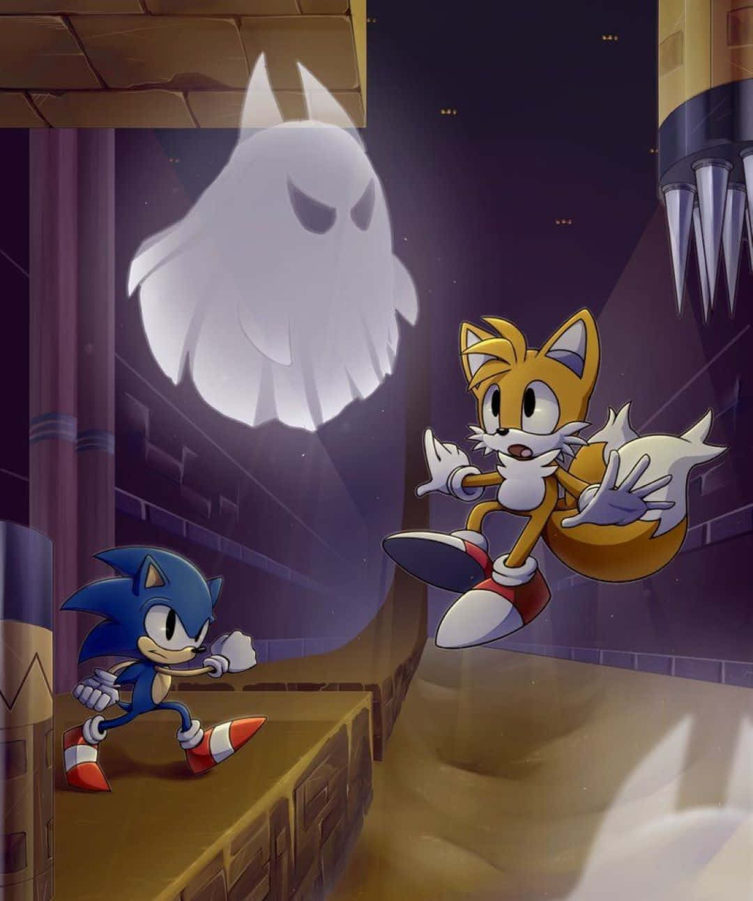  壁紙 — Sonic 同 Tails 喺一條黑暗嘅石頭走廊入面，面對一個發光嘅鬼魂，周圍仲有帶刺嘅機械。