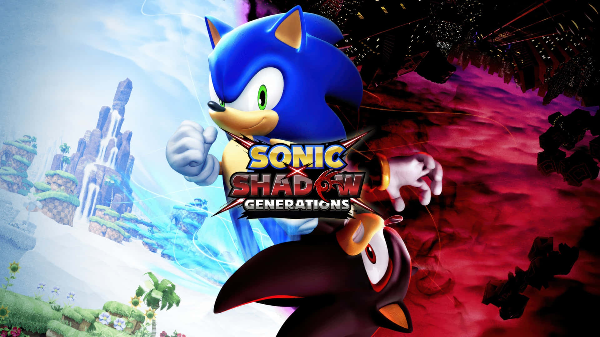 Sonic X Shadow Generations 壁紙 — Sonic the Hedgehog 與 Shadow the Hedgehog 在一個充滿鮮綠色風景和暗紅色混亂的分割畫面上競速。
