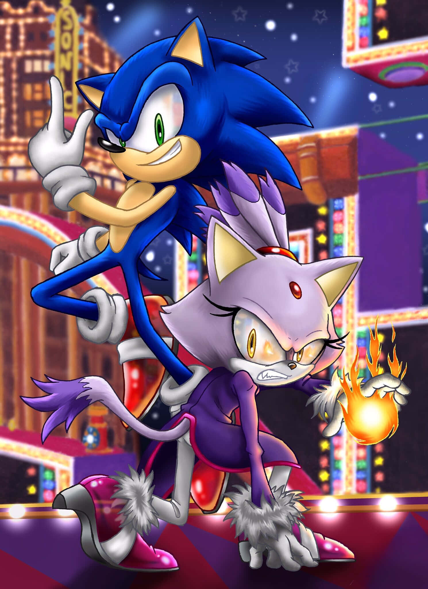 Sonic And Blaze 桌布 壁紙 — Sonic 同 Blaze 喺繁星夜空下嘅霓虹燈城市景觀中動感擺甫士。