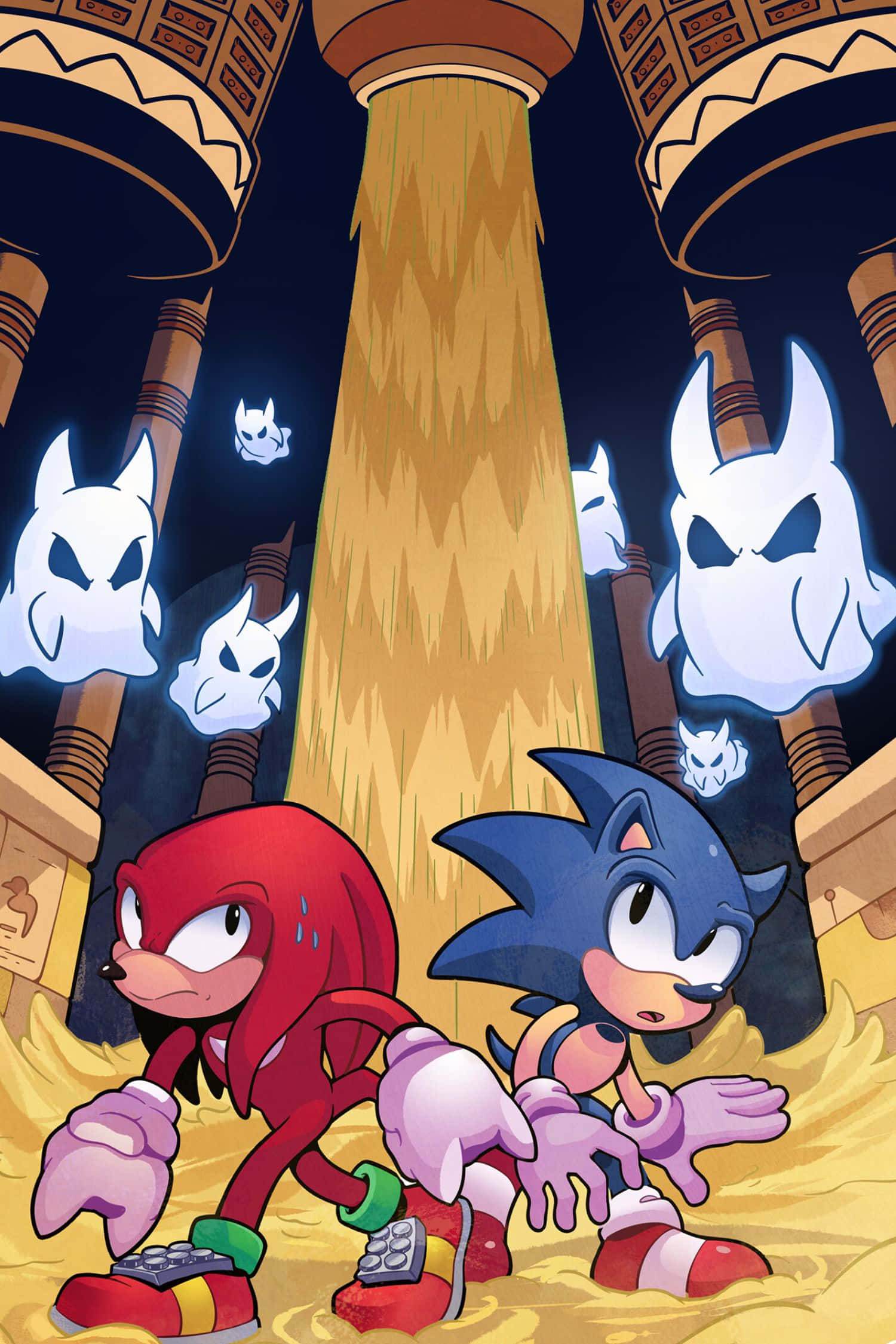 Sonic Sandopolis Zone 桌布 壁紙 — Sonic 同 Knuckles 喺金色神殿中狂奔，白色幽靈從上面追住佢哋。