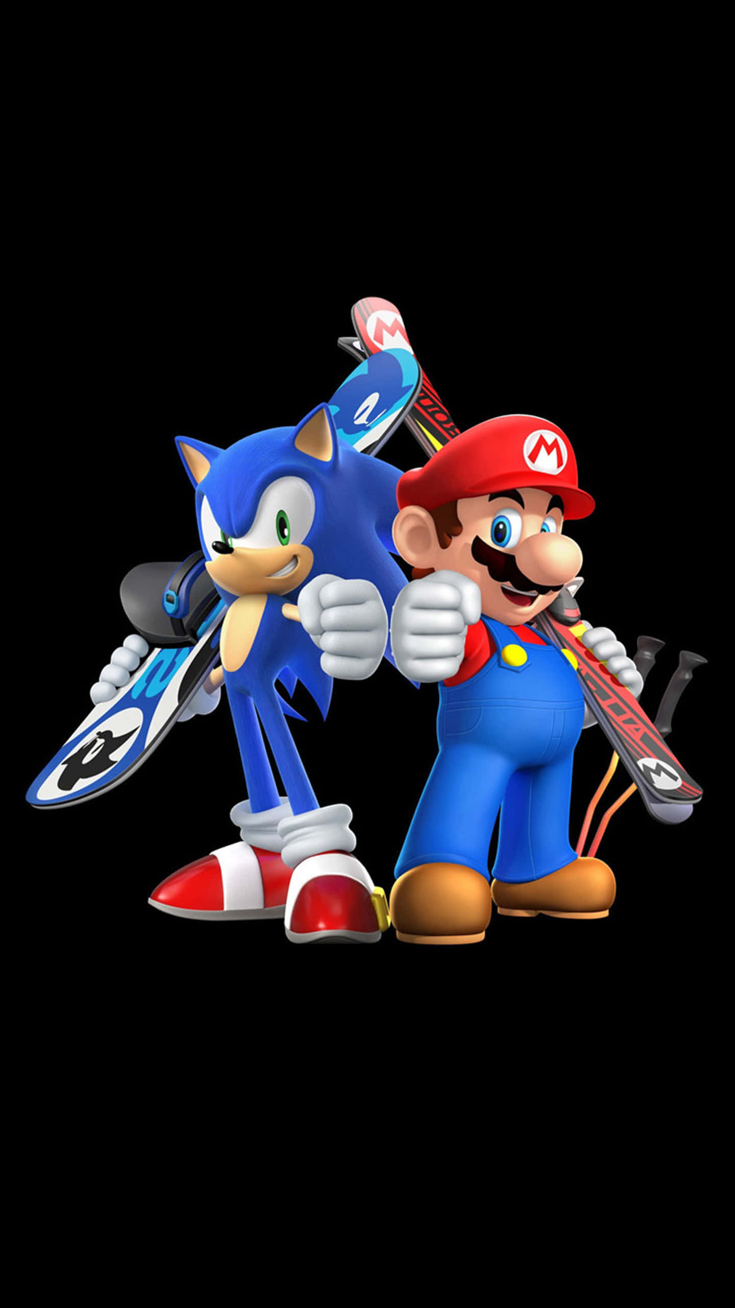 Classic Sonic 桌布 壁紙 — Sonic 同 Mario 企喺黑色背景前並肩企住，揸住滑雪板，自信咁豎起拇指。