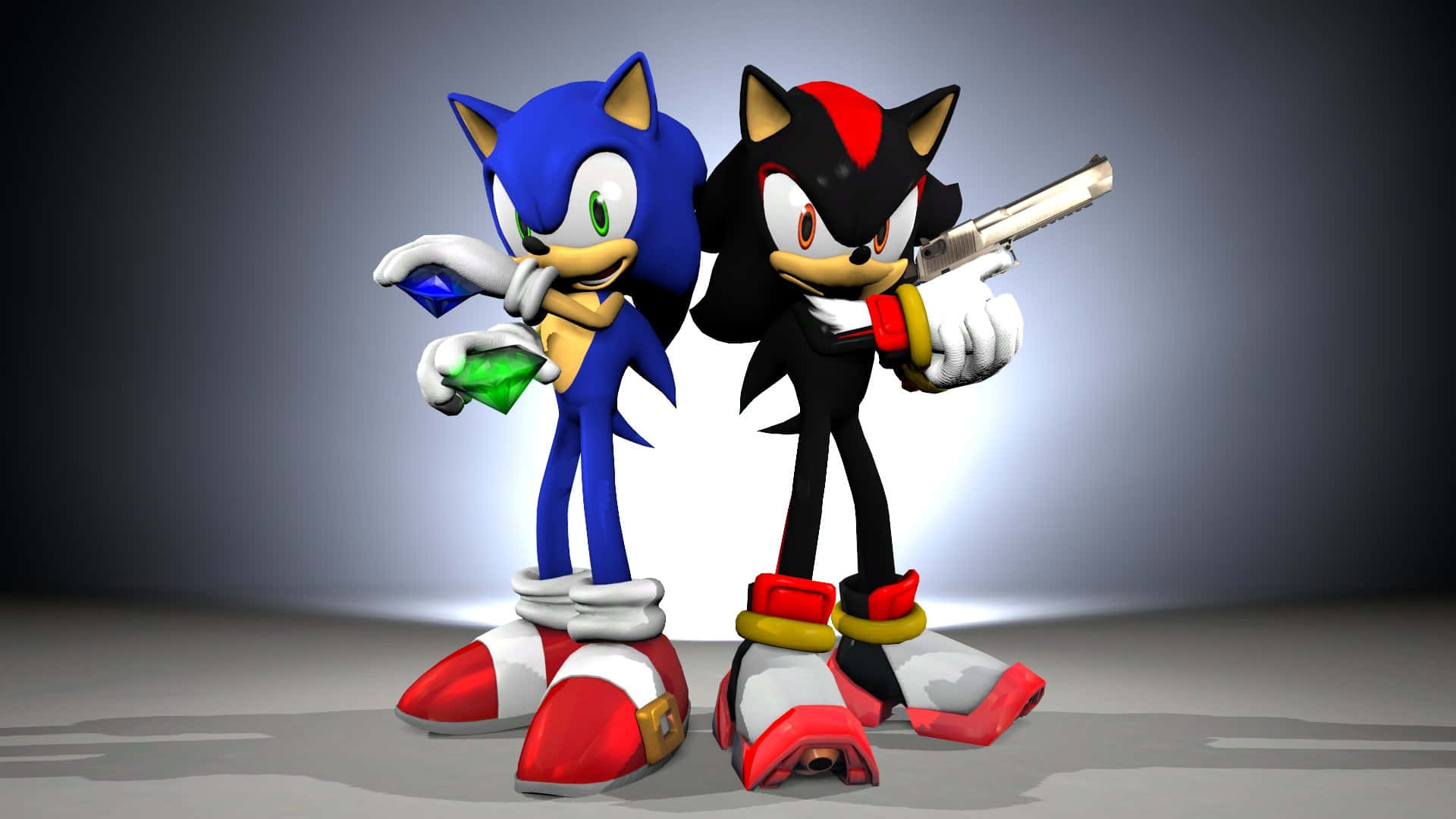 Sonic And Shadow 桌布 壁紙 — Sonic 同 Shadow 喺工作室嘅聚光燈下並肩而立，手持發光寶石同一把槍。