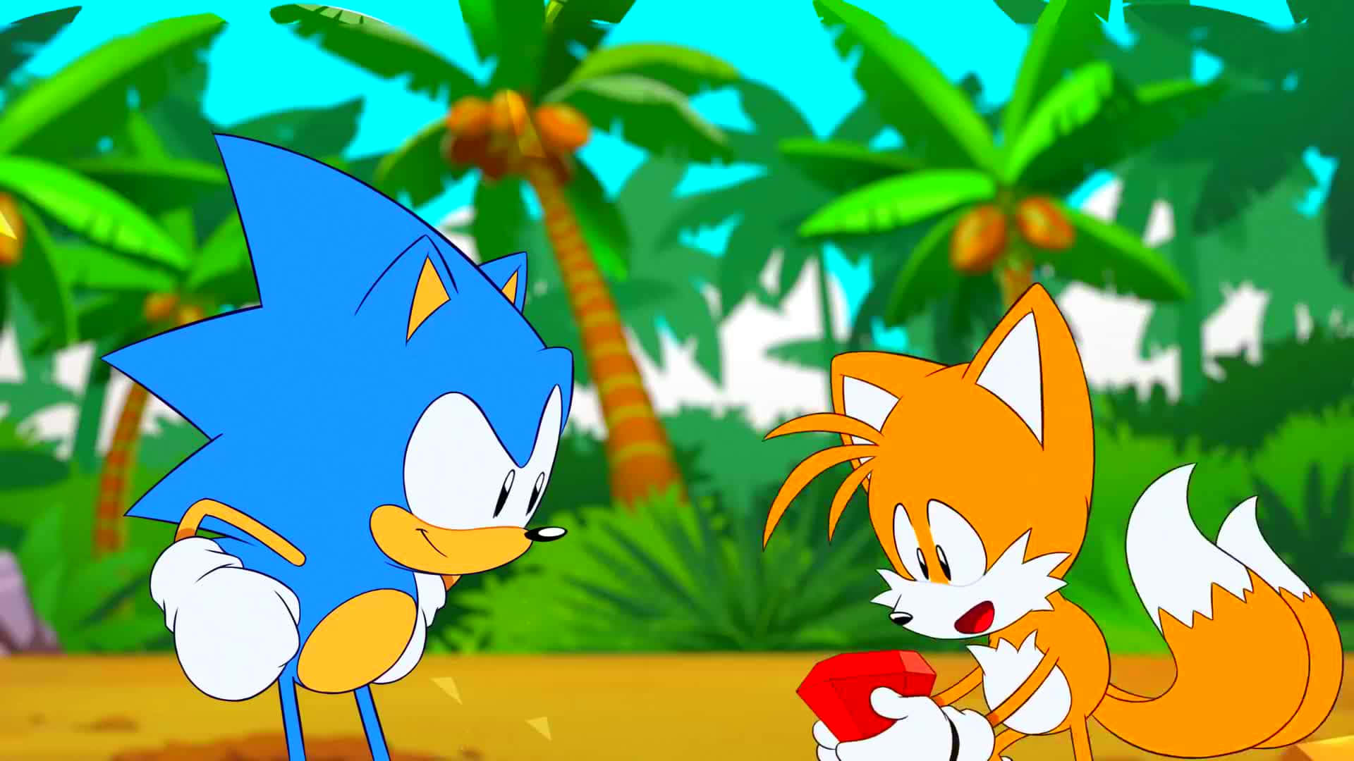 Sonic And Tails 桌布 壁紙 — Sonic 同 Tails 企喺一個充滿活力嘅熱帶叢林入面，後面有棕櫚樹同明亮嘅藍天。
