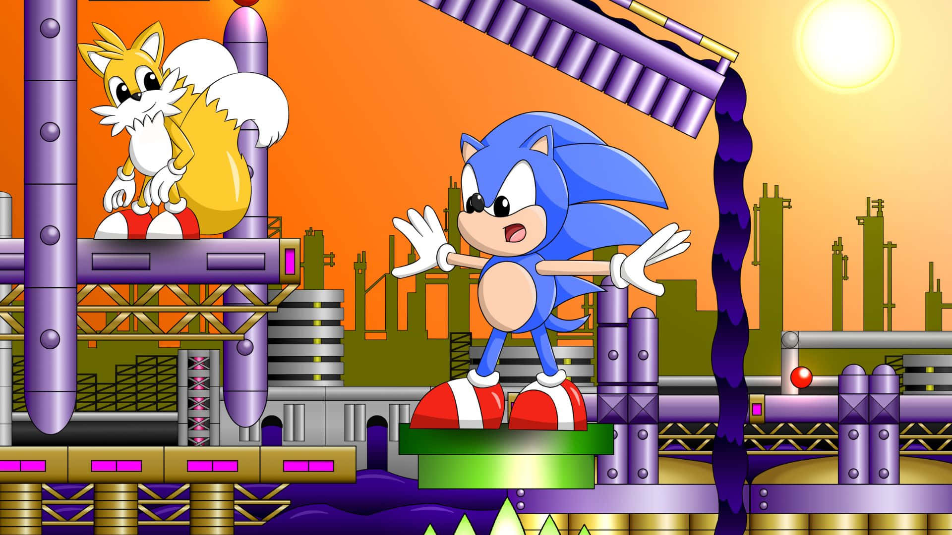 Sonic Oil Ocean Zone 桌布 壁紙 — Sonic 同 Tails 企喺一個充滿活力嘅工業平台上，太陽發光，背景係城市景觀。