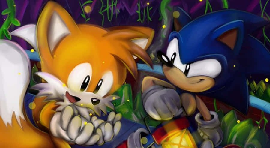 Sonic Mystic Cave Zone 桌布 壁紙 — Sonic 同 Tails 喺一個充滿活力嘅叢林入面並肩而立，周圍有發光嘅燈光同茂密嘅綠色植物。