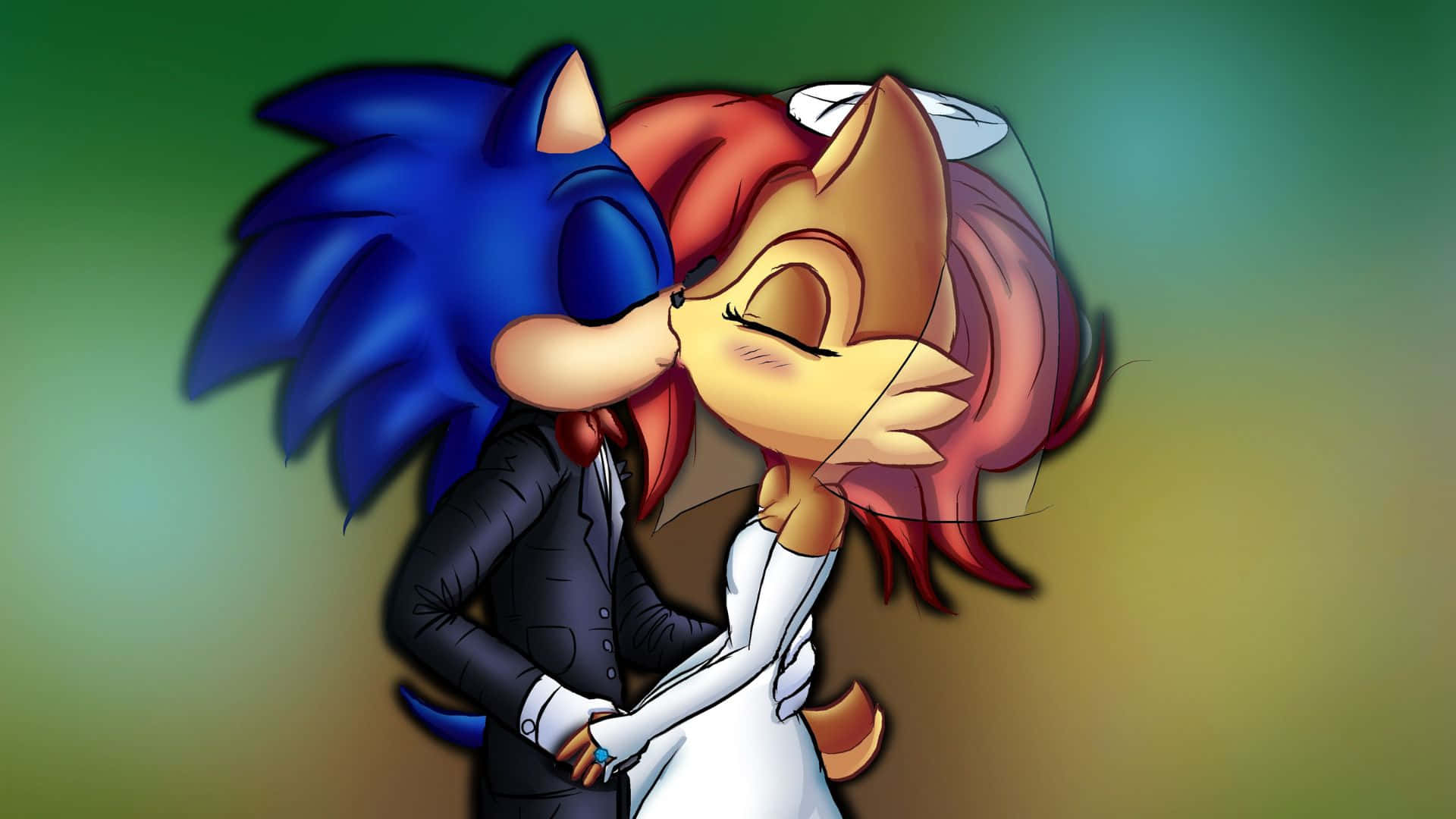 Sonic And Sally 桌布 壁紙 — Sonic 同 Tails 喺柔和漸變背景前，穿著婚禮服飾分享一個溫柔嘅吻。