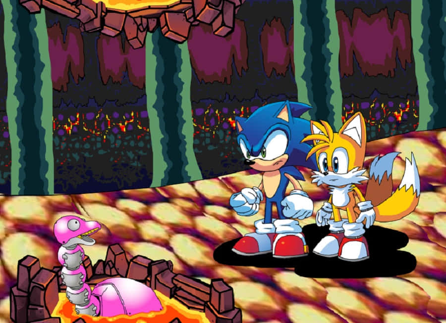Sonic Lava Reef 桌布 壁紙 — Sonic 同 Tails 喺熾熱嘅洞穴中保持警覺，一隻粉紅色機械恐龍從熔岩中出現。