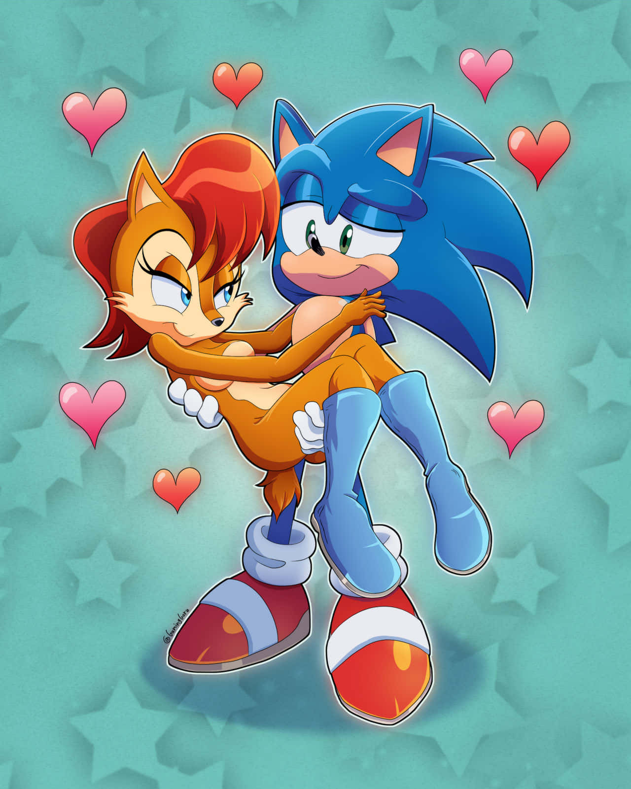 Sonic And Sally 桌布 壁紙 — Sonic 同 Tails 喺青綠色星空背景下被漂浮嘅心形包圍住，溫柔咁擁抱。