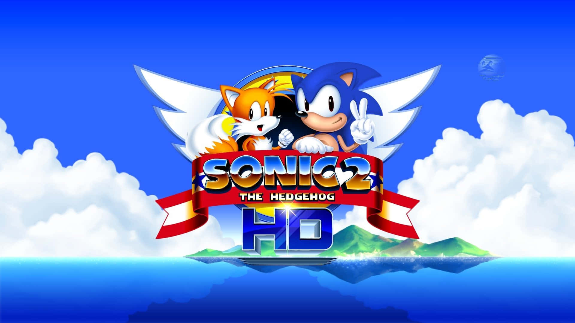 Sonic Logo 桌布 壁紙 — Sonic 同 Tails 用翅膀喺浮島上空翱翔，背景係晴朗藍天同 fluffy 雲。
