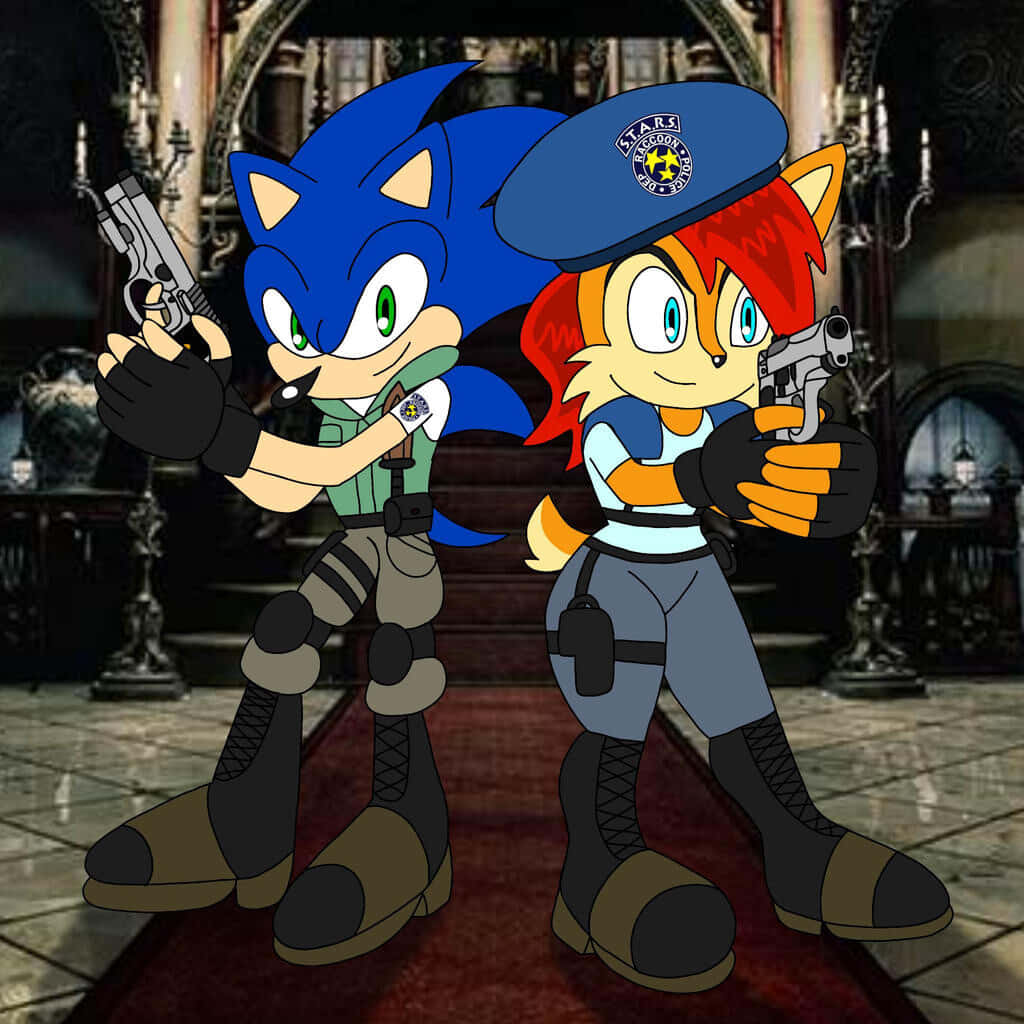Sonic And Sally 桌布 壁紙 — Sonic 同 Tails 著住 STARS 制服喺有彩繪玻璃同石拱門嘅哥德式大教堂入面瞄準手槍。