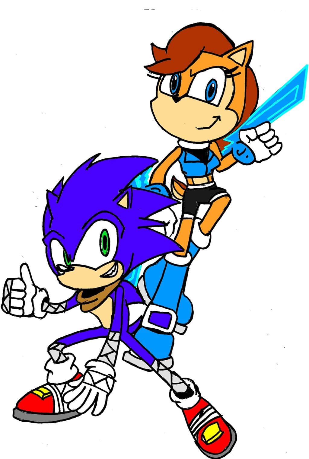 Sonic And Sally 桌布 壁紙 — Sonic 同一個女性狐狸角色喺純白色背景前擺出動感姿勢，手持發光劍。