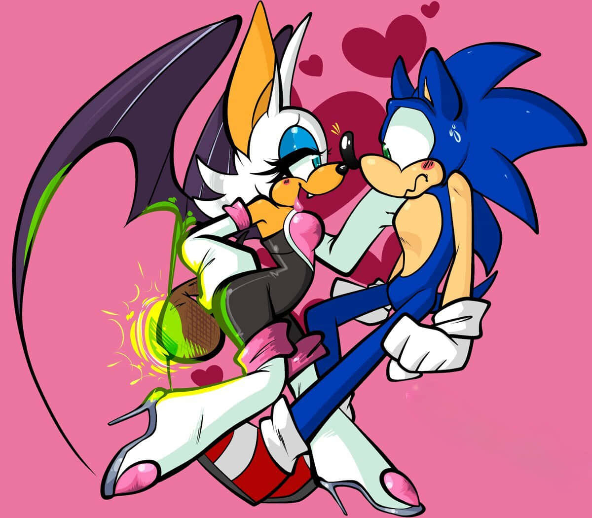 Sonic And Rouge 桌布 壁紙 — Sonic 同一個類似蝙蝠嘅角色喺一個充滿粉紅色心形嘅背景前熱情擁抱。